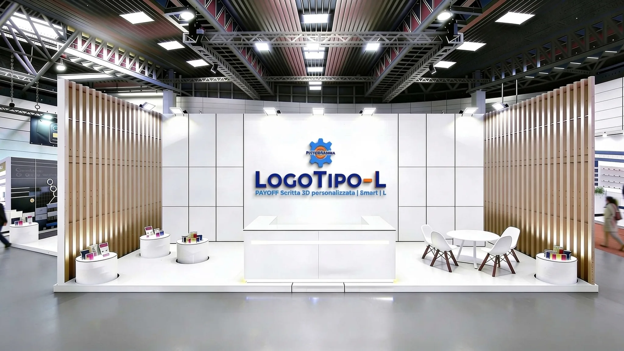 Logo + Scritte 3D Smart L su parete stand fiera