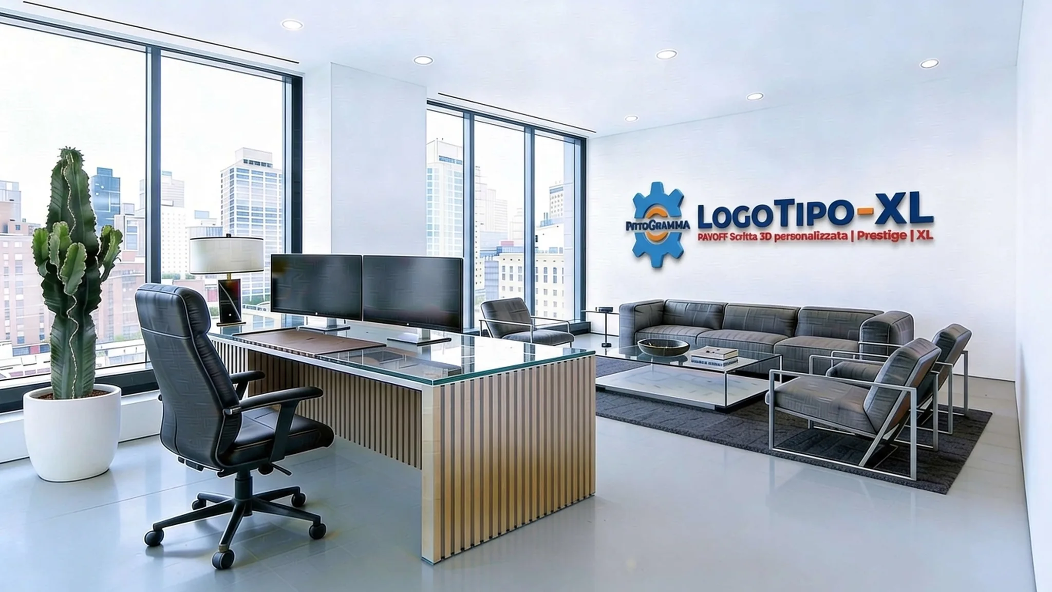 Logo + Scritte 3D Prestige XL su parete ufficio executive