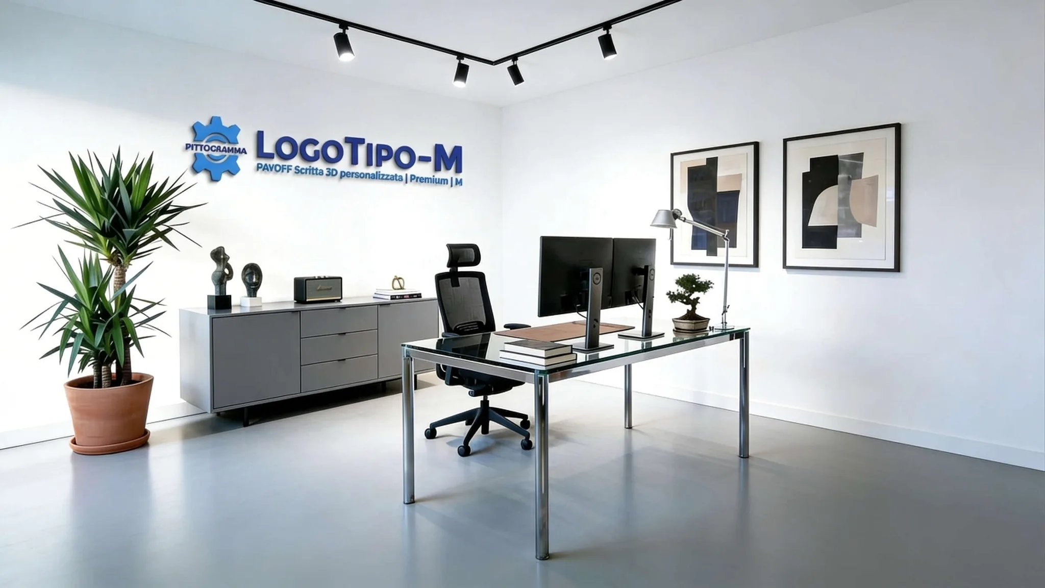 Logo + Scritte 3D Premium M su parete ufficio studio
