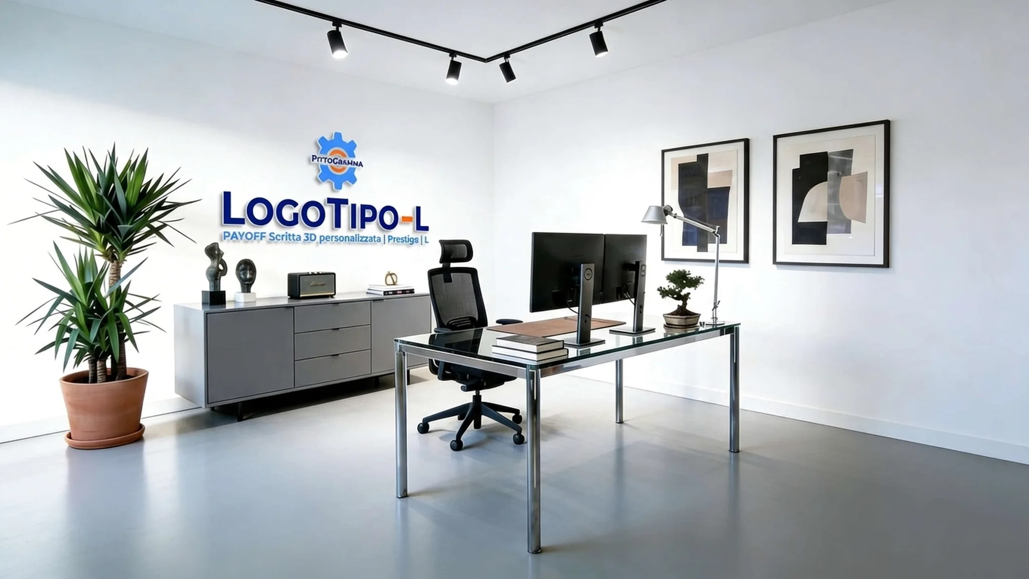 Logo + Scritte 3D Prestige L su parete ufficio studio